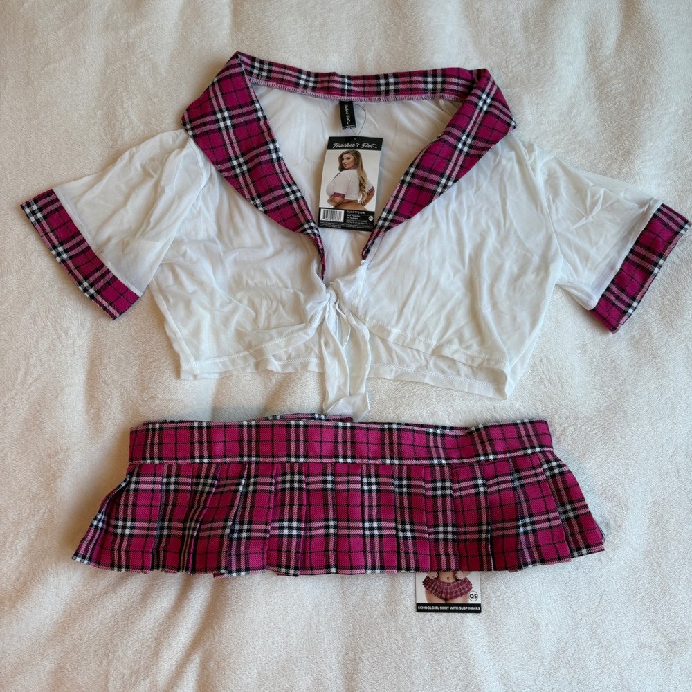 Teacher's Pet Queen‎ Size Schoolgirl Costume Pink Plaid Mini Skirt Set NWT Y2K
